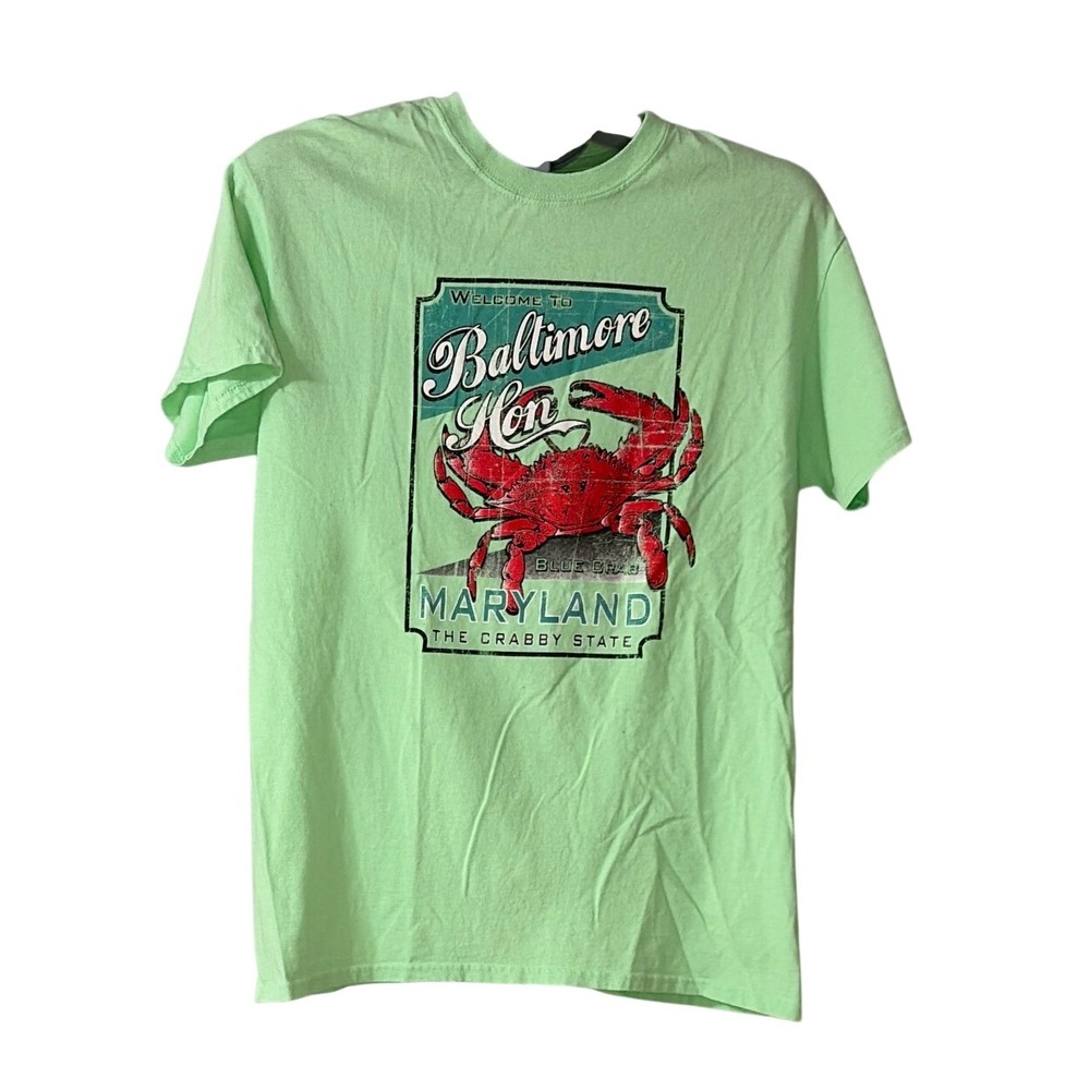 Baltimore Maryland Hon Blue Crab Souvenir T-Shirt Green Graphic Tee Mens Medium
